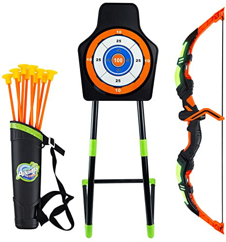 RedCrab Pfeil und Bogen Kinder Bogenschießen Set mit LED-Licht, 1 Bogen, 10 Saugnäpfe Pfeile Ziel, 1 Pfeilhalter und Köcher, Indoor Outdoor Spiele für Kinder ab 3 4 5 6 7 8 Jahre Junge Mädchen