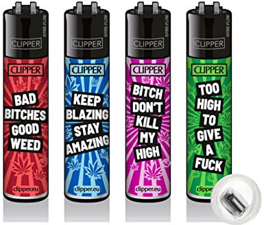 4 Stück Clipper Classic Feuerzeug Serie Set Weed Vibe Statement - inkl. Feuerstein und 1/5 Sticker