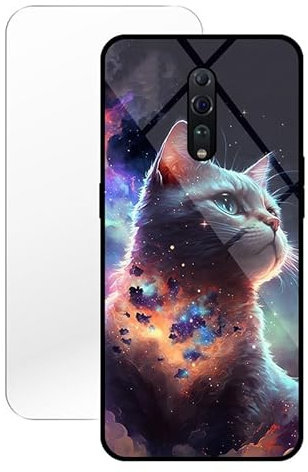 KARTXITAI Funda Compatible con OPPO Reno Z,Carcasa de Vidrio Templado Anti-rasguños Cover Case Gel Flexible Regalo Original+1x Vidrio Cristal Templado-Gato Nube Noche