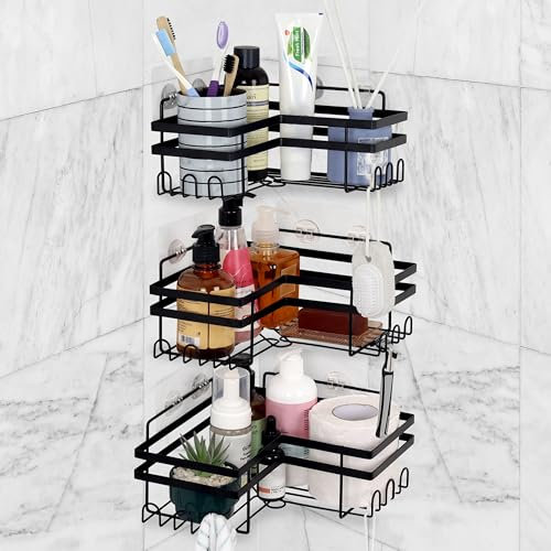 Belle Vous Pack de 3 Estanteria Ducha de Esquina con Ganchos - Set Estante de Ducha Sin Taladrar - Estante de Baño Adhesivo de Hierro - Para Guardar Jabón, Champú o Almacenaje en la Cocina