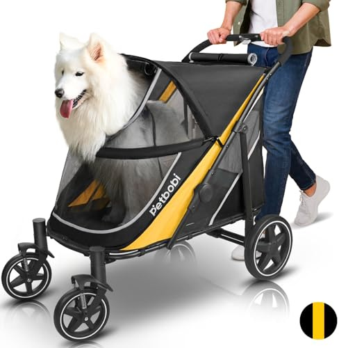 Petbobi Hundekinderwagen für mittelgroße und große Hunde, leicht zusammenklappbar, Doppel-Einstieg, Fußbremse, All-Terrain mit Luftnetz, ideal für ältere Haustiere bis 36 kg, Schwarz