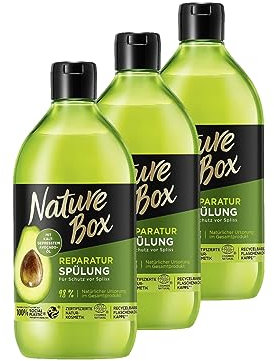 Nature Box Spülung Reparatur (385 ml), Hair Repair Spülung mit Avocado-Öl repariert das Haar und schützt vor Spliss, Flasche aus 100% Social Plastic, 3x 385 ml