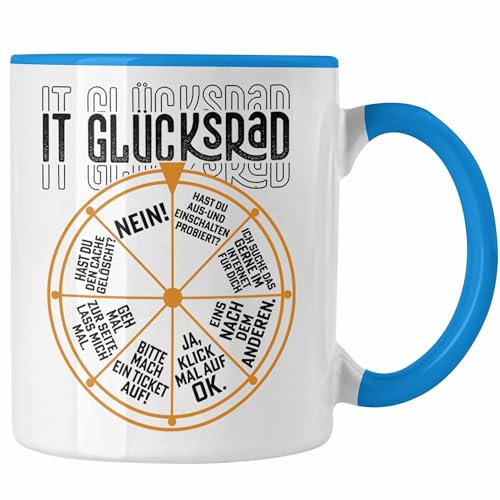 Trendation - IT Techniker Tasse Geschenk Lustiger Spruch IT Glücksrad Fachinformatiker Kaffeetasse (Blau)