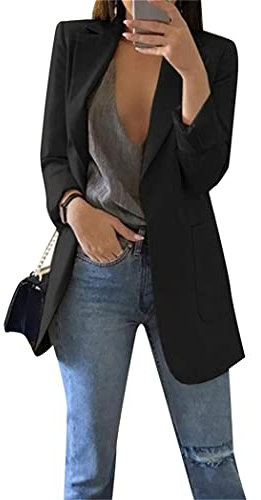 OMZIN Frauen Langarm Solid Open Front Strickjacke Arbeit Büro Blazer Solid Slim Arbeits Blazer Anzugjacke Schwarz S