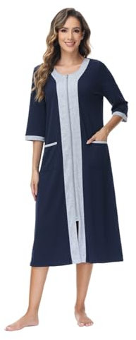 Alunsito Women's Long Housecoat Full Zipper Robes Loungewear with Pockets Bathrobes Lightweight Fall Winter Nightgowns XX-Large Dark Blue