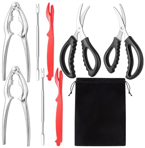 suoundey Seafood Cracker Tool Set With Lobster Sheller Stainless Steel Crab Crackers Crab Leg Fork Seafood Scissors And Storage Bag, Crab Leg Pick Utensils Set Crab Eating Tools (9Pcs)