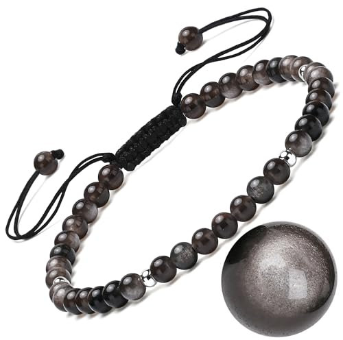 Apocalyptic-K Obsidian-Naturstein-Armband&925 Sterling Silber | Vergoldet |4-6MM | 6.7-9.3 IN | ,Damen Armband &925 Sterling Silber, | Einstellbar (Silber-Obsidian, 4MM)