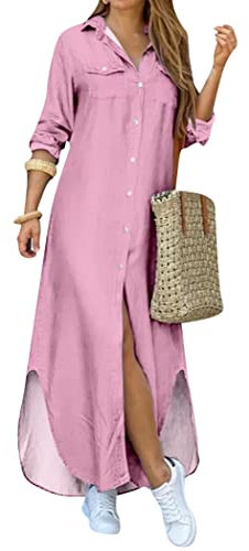 OMZIN Womens Maxi Dresses Long Sleeve Floral Printed Casual Loose Party Dress Pk M Pink