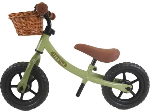 Hippiez Laufrad aus Metall mit Weidenkorb Worker Old Green ab 2 Jahren – Grün Lauf Fahrrad – Verstellbarer Sattel und Lenker – Für Jungen und Mädchen – Kompakt und sicher – Niedriger Einstieg
