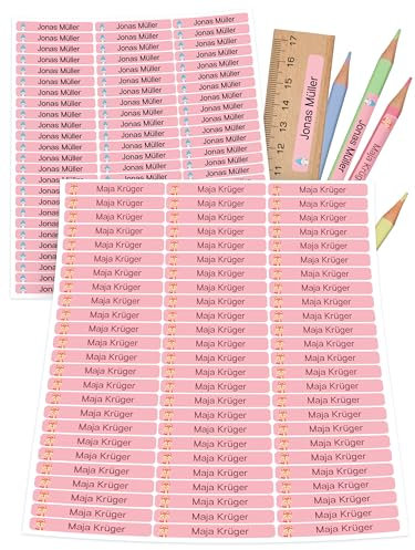 StiKiddo® 150 Stück Namensaufkleber Kinder für die Schule - Personalisierte Aufkleber, Ideal für Stifte & Schulsachen, Made in Germany - Rosa