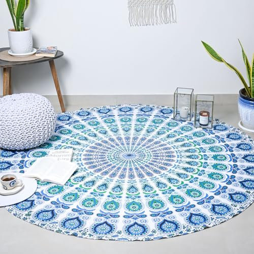 RAJRANG BRINGING RAJASTHAN TO YOU Indischer himmelblauer Mandala-Wandteppich, rund, Pfau, Hippie-Wandteppich, Hippie-Strandüberwurf, College-Wohnheim, Boho-Dekor, 182,9 cm