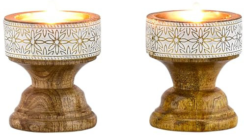 Marrakesch 2er Set Boho Deko Teelichthalter Kerzenständer aus Holz und Metall 7,5cm groß Hamida | Vintage Orientalische Kerzenhalter als Wohnzimmer Tischdeko oder Schlafzimmer Zimmer Frühlingsdeko