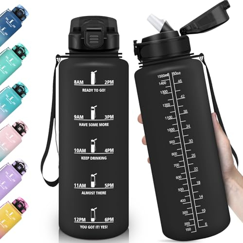 HoneyHolly Gourde, 1500ML & Étanches, Gourde Sport, Marqueur de Temps de Motivation, Gourde Paille, Échelle de mesure, Bouteille d'eau, Gourdes pour Sport, Camping, Randonnée, Yoga