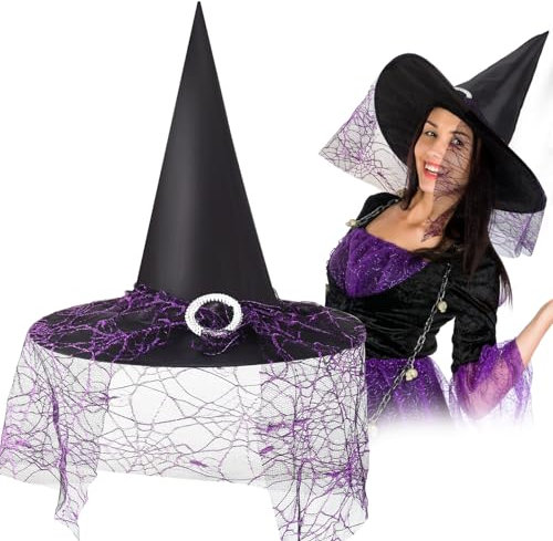 ZXYue Kinder Hexenhut Damen Halloween, Halloween HexenhutKinder Lila Spinnen Hexe Hut Halloween Deko Cosplay Kopfbedeckung,Hexenhut Spitzmütze für HalloweenCosplay Erwachsene Kinder Geschenk