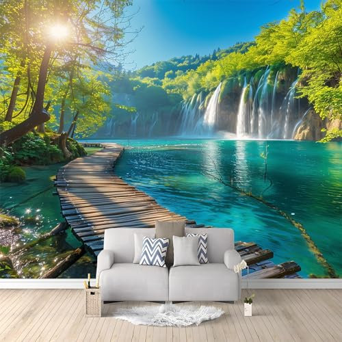 Papier Peint Mural 3D Cascade Pittoresque Avec Pont En Bois 400x280 cm Papier Peint Panoramique Poster Tapisserie Photo, Papier Peint intissé pour Chambre Salon Personnalisé Murale Décoration