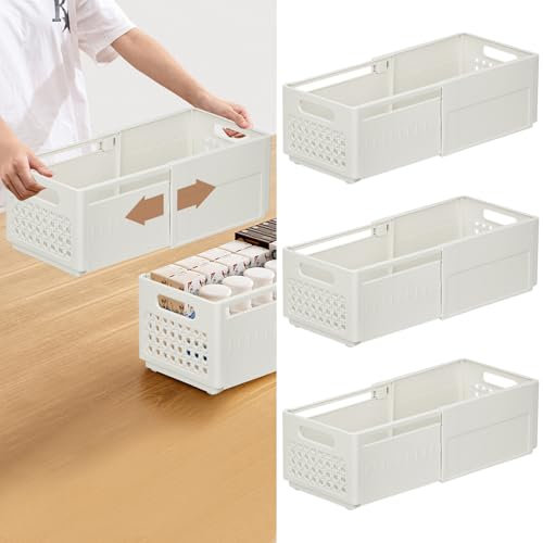 YTOPRO Expandable Storage Box,Plastic Storage Bins Adjustable from 28-48cm Stackable Plastic Storage Basket with Handle For Shelves,Kitchen,Bathroom 3Pack (White, L)