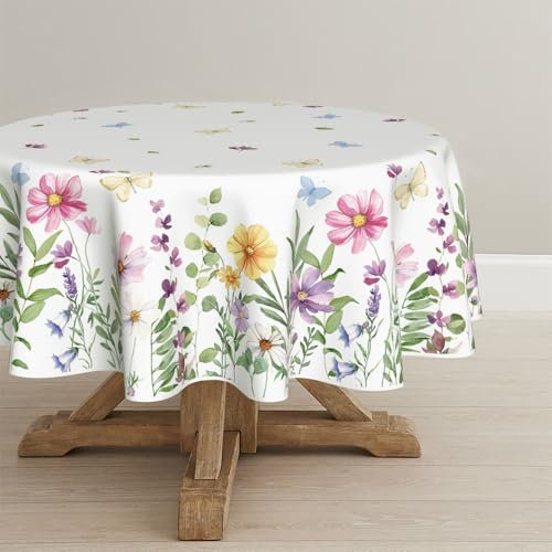 Artoid Mode Rosa Blumen Blätter Schmetterling Frühling Tischdecke Rund 120 cm, Saisonnal Sommer Fleckschutz Tischwäsche Küche Dekoration Party Dekor