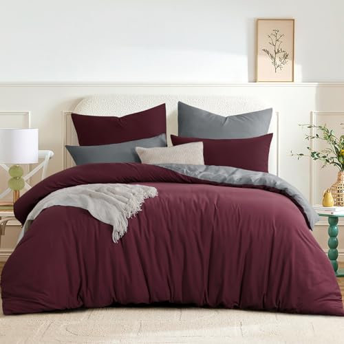 RUIKASI Bettwäsche 220x240 Burgunder Rot Grau 3teilig - Wendebettwäsche Bettbezug 220 x 240 mit Reißverschluss, Oeko-TEX Mikrofaser Bettwäsche Sets, Weich und Bügelfrei