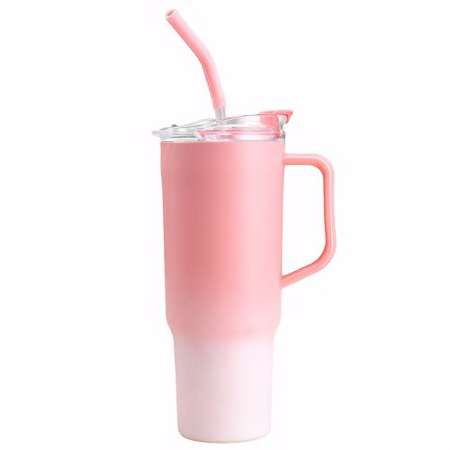 Yisituo 1200ml Tumbler with Straw and Lid, Reusable Plastic Travel Mug with Handle, Insulated Double Walled Coffee Mug for Coffee, Drink,Tea, Water, Smoothie (1, Pink)