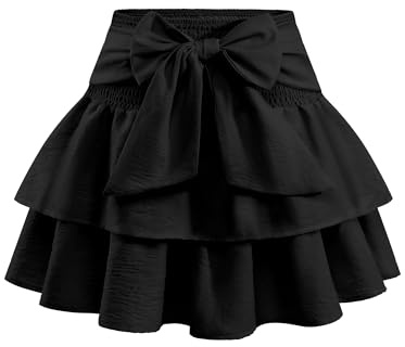 Timormode Women's Girls Bow Mini Skirt Flowy High Waisted Ruffle Hem Short Skirts Cute Boho A-Line Layered Skater Skirt TMS8005 Black S