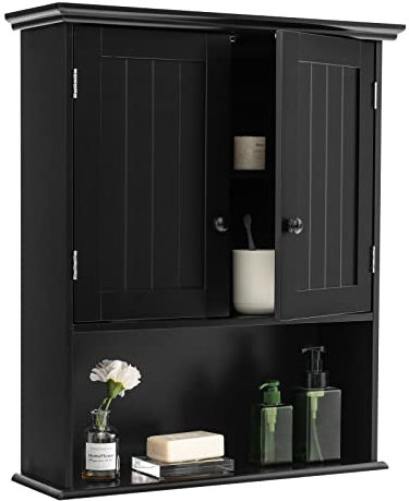 COSTWAY Hängeschrank Medizinschrank, Wandschrank mit Doppeltür, Badschrank Küchenschrank Unterschrank mit Einstellbarer Ablage, Schrank für Badezimmer Küche Eingangsbereich (Schwarz)
