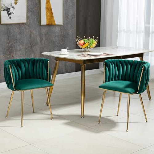 LIFEISLE Samt Stuhl, Esszimmerstuhl 2er Set mit Goldenen Metallbeinen, Schalenstuhl mit handgewebten Armlehne für Esszimmer, Wohnzimmer und Schlafzimmer Grün