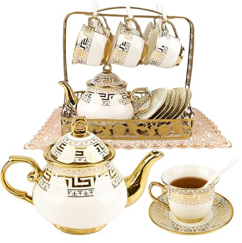 Qudubuy 20Pcs European Coffee Cup Set, Porcelain 1380 ML Coffee Pot Set with Stand, 200ML Cups, Elegant Gold Trim, Hand-Painted Floral Pattern, Vintage Tea Set for Home & Afternoon Tea (Golden Lines)