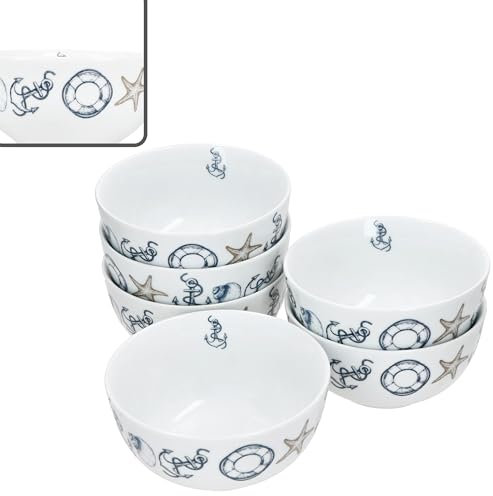 MamboCat Neptun 6er Set Müslischale 14cm I 400ml I Porzellan-Schüssel mit maritimen Motiven für 6 Personen I Schälchen für Salat, Suppe, Müsli, Chips & Co.