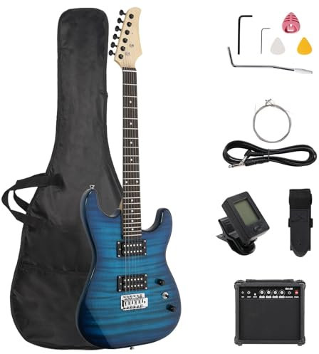 LALAHO Solid Body Electric Guitar, 39 Inch H-H Pickups Electric Guitar Kit with 20W Guitar Amplifier, Bag, Tuner for Beginners & Professionals, Blue