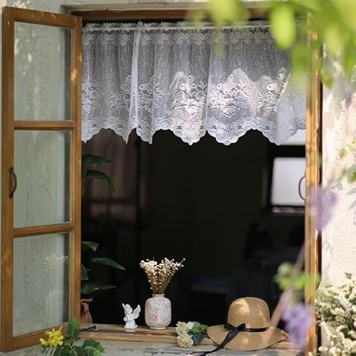 Devola Jacquard Gardinen Kurz Scheibengardine mit Lochleiste Gardinen Spitze Küchengardinen Modern Fenstergardinen Halbtransparente HxB 50x150cm Weiß mit Muster-2 1 Stück