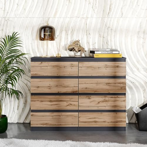 Furnica Kommode 120cm Sideboard mit 8 Schubladen - 120x93x33cm (Anthrazit Grau/Wotan Eiche)