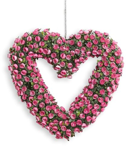 42cm Heart-Shaped Artificial Rose Wreath for Front Door, UV Protected Floral Home Décor for Indoor & Outdoor Use, Hanging Faux Rose Heart (pink)
