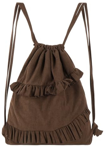 MilyaDE Sommer Rucksack mit Kordelzug Cord Böhmische Turnbeutel mit Tunnelzug Jutebeutel Strandbeutel Stofftasche, Kaffeebraun