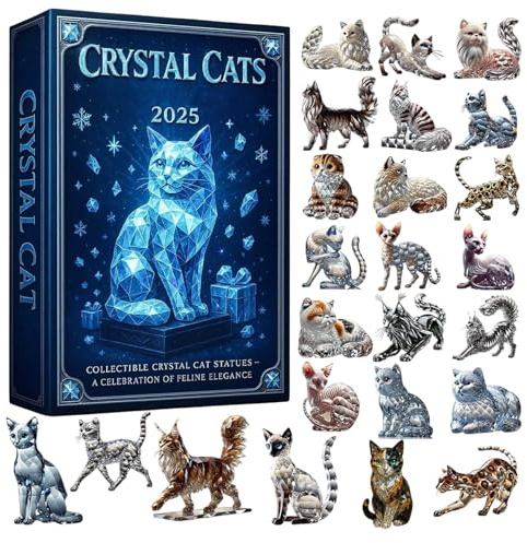 Vhjlfig Crystal Cats Countdown-Kalender 2025 mit 24 Kristall-Kätzchen-Ornamenten verschiedener Rassen, 2D-Acryl, 28 x 18 cm, 24 Tage Kristalle, Katzen-Weihnachtskalender, Weihnachts-Countdown-Kalender
