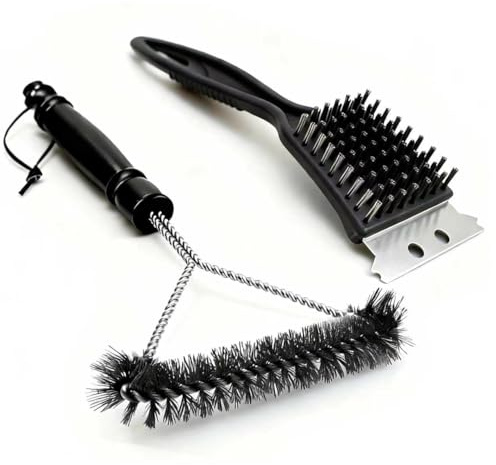 BBQ Cleaner 2-in-1 Set, 12 Inch + 8 Inch Stainless Steel Wire Grill Brushes (with Scraper), Bristle Cleaner for Barbecue, Quick-Scrub BBQ Accessories, Kitchen Cleaning Brush for Grills Oven (Black)