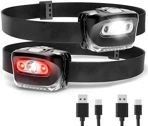 Monkey Home LED Stirnlampe mit 7 Lichtmodi - Verstellbare Camping-Kopflampe mit Rotem Sicherheitslicht - Wasserfeste - USB Type-C Wiederaufladbares - Schwarz - 2er Pack