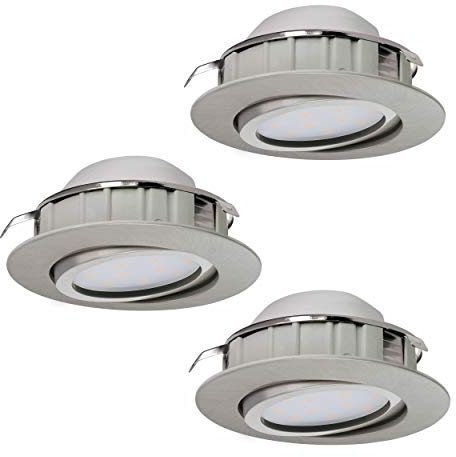 EGLO 3er-Set LED Einbaustrahler Pineda, LED Spots Set aus Kunststoff, 3 LED Einbauleuchten in Nickel-Matt, Einbaustrahler LED flach und schwenkbar, Ø 8,4 cm
