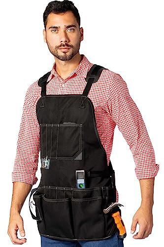 Under NY Sky Cross-Back Tool Apron - Magnet Tool Holder - Heavy Duty Nylon - 18 Pockets - Waterproof (Black)