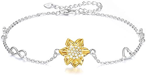 YZSFMZGE Sonnenblume Fußkettchen Für Frauen 925 Sterling Silber Verstellbares Sonnenblumen Fusskettchen Gelbgold überzogene CZ Blume Mit Schmuck Geschenkbox Für Damen (Großes Armband)