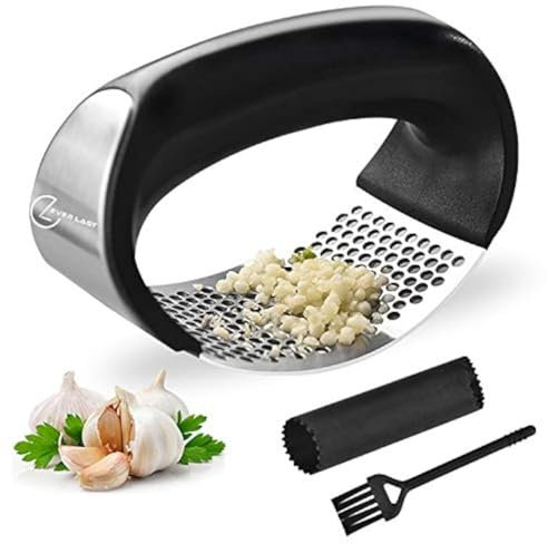 Ever Last® Garlic Press Garlic Crusher Kitchen Garlic Rocker | 304 Stainless Steel | Premium Quality, Ginger Crusher, Ergonomic Handle Garlic Peeler, Cleaning Brush, Easy to Use & Clean Kitchen Tool