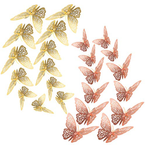RuiChy 24 Stück Schmetterling Wandaufkleber, 3D Abnehmbar Schmetterlinge Wandtattoo Wandbilder Wandsticker Dekoration Abziehbilder Wanddeko für Schlafzimmer Kinderzimmer (Gold & Roségold)