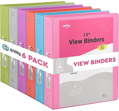 Ringbuch mit 3 Ringen, 3,8 cm, transparenter Einband mit 2 Innentaschen, farbiges Schulbedarf, 3,8 cm runde Ringbücher, in Rosa, Rot, Blau, Lila, Grün und Grau, mehrfarbig (6 Stück) Enday