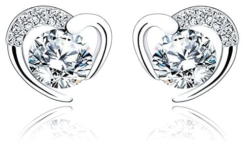 Silver Stud Earrings for Women, Stud Earrings White Gold Cubic Zirconia Heart Stud│Dainty Earrings Jewellery Gift for Girls