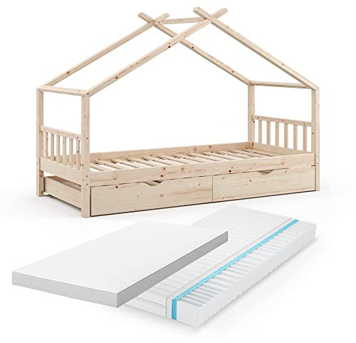VitaliSpa Hausbett Design, Naturholz, 90x200 cm mit Gästebett und 2 Matratzen