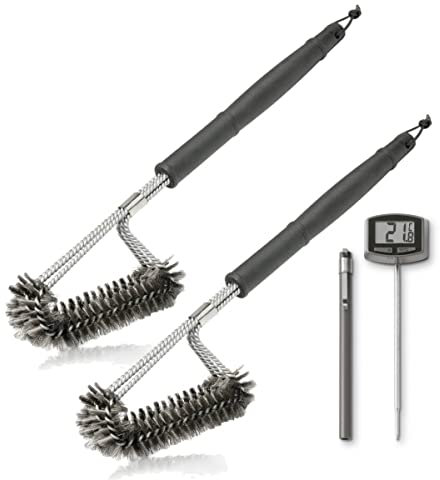 2 x Grillbürste | Reinigungsbürste aus Edelstahl für Gasgrills + Holzkohlegrills inkl. Weber Grill-Thermometer 8304 | 6492 - Set BBQ