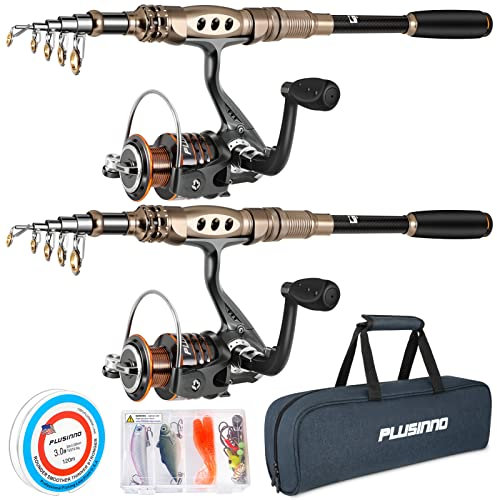 PLUSINNO PLFBO01-2PACK-FBA Angelrute und Rolle, Kohlefaser, Teleskop-Angelrute mit Rolle, Kombi, Meer, Salzwasser, Süßwasser-Set, 1,8 m