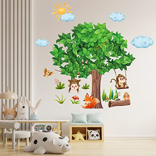 Dschungel-Affen und Baum-Wandaufkleber, Dschungeltiere, Wandaufkleber, Affe, Kletterbaum, Wandaufkleber, Tiere, Baum, Wandaufkleber für Baby-Kinderzimmer, Kinderzimmer, Schlafzimmer, Wanddekoration