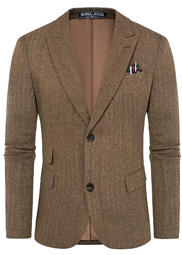 Mens Vintage Herringbone Tweed Blazer Winter Peak Lapel Wool Blend Jacket Coffee Herringbone L