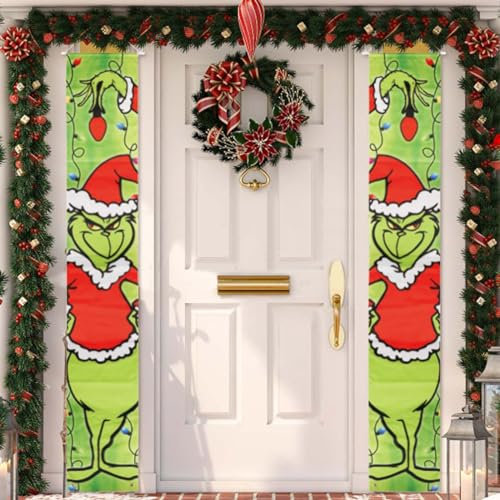 CHALA Grinch Weihnachten Banner Weihnachten Hängen Banner Grinch Deko Weihnachtsbanner Willkommen Veranda Schild Türbanner Merry Christmas Banner für Indoor Outdoor Xmas Party Weihnachten Deko183x29cm