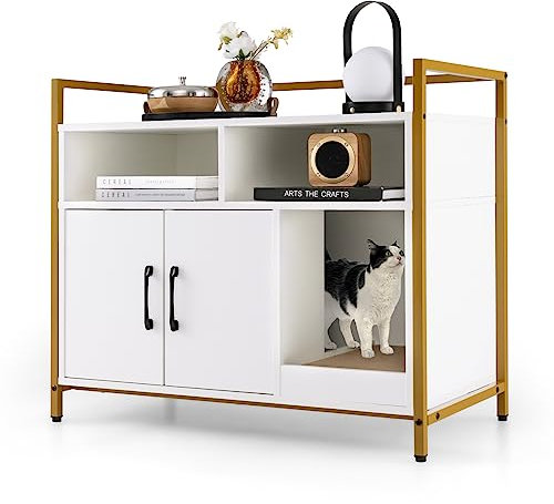 COSTWAY Cat Litter Box Enclosure, Wooden Kitty Hidden Washroom Toilet with Storage Compartments and Scratching Board, Indoor Cats House Side Table Nightstand (White)